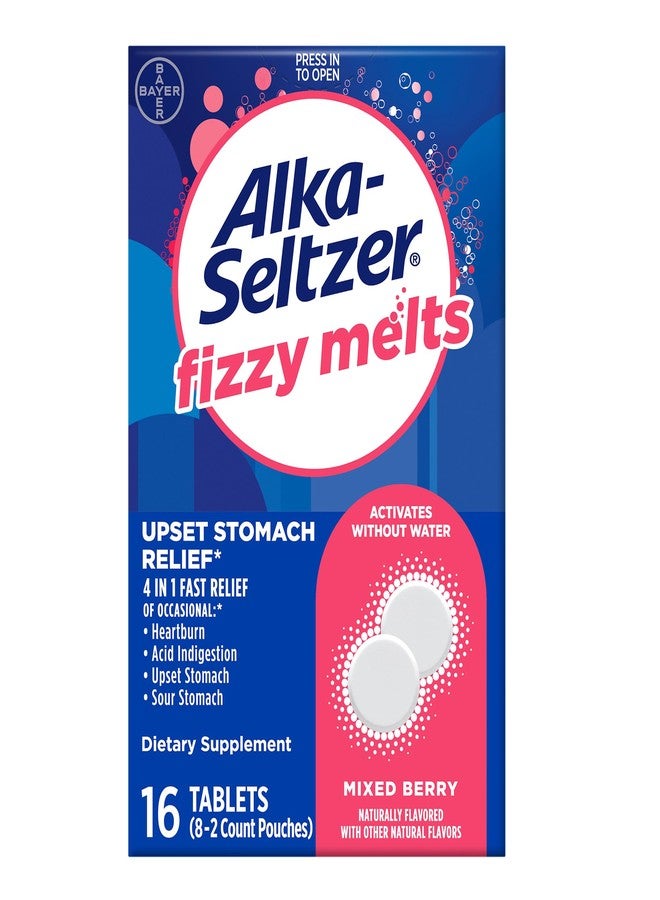 Alka-Seltzer Fizzy Melts, Dissolve on Tongue, No Water Needed, On-The-Go Dietary Supplement Antacid Tablets, for Relief of Occasional Heartburn and Acid Indigestion*, Berry Flavor, 16ct - Image 1